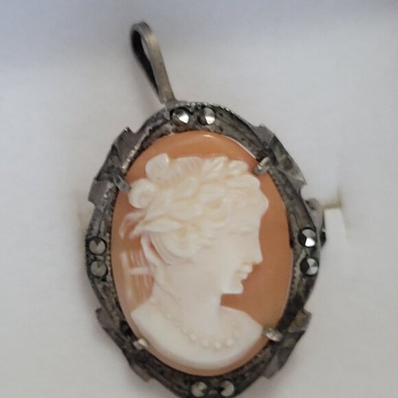 Vintage Jewelry - Vintage Cameo European Silver Marcasite Pendant